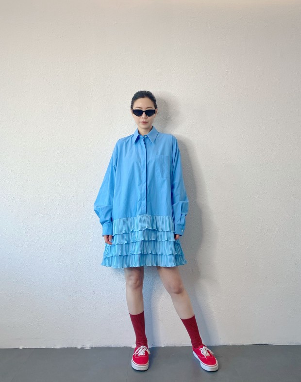 Blue Ruffle Shirt Dress #250225